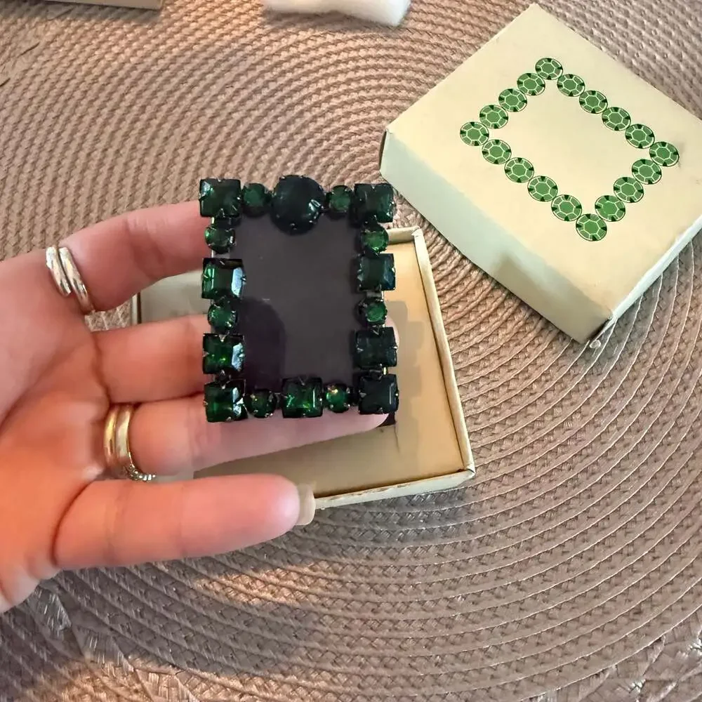 Vintage Emerald Green Rhinestone Miniature Picture Frame with Box